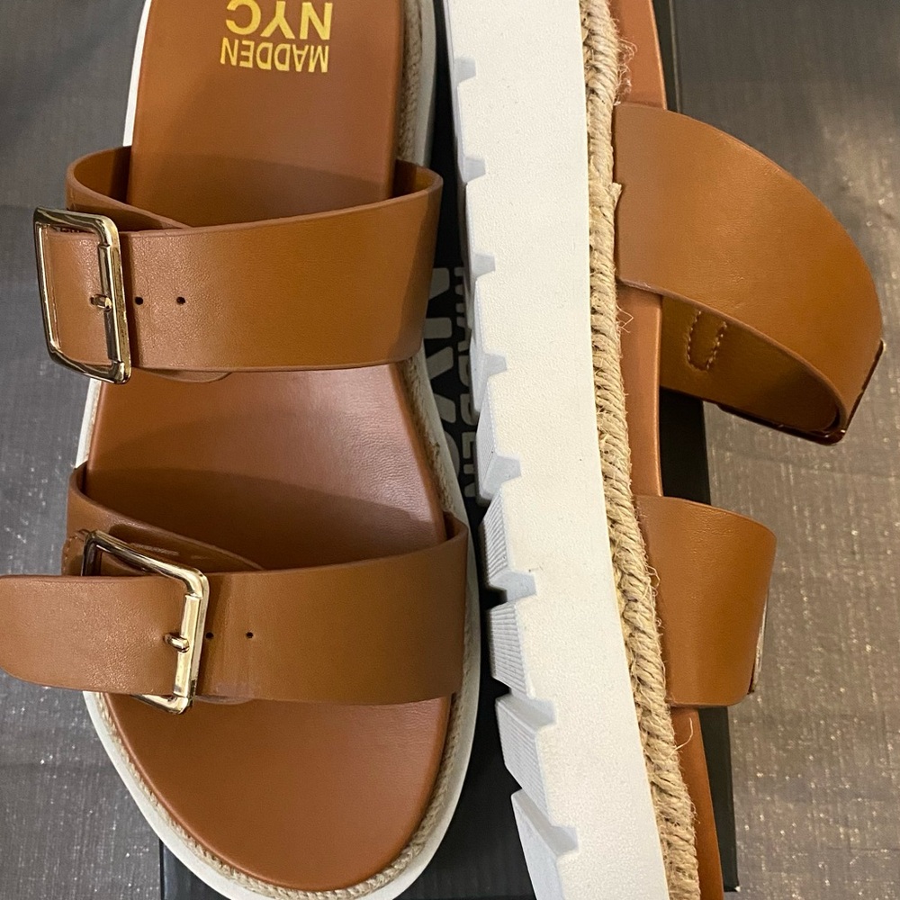 Steve Madden Brown Leather Double-Buckle Slide Sandals - Picture 3 of 4